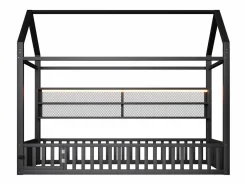 Best Cama infantil con plataforma en forma de casa - 90 x 200 cm - con barandilla + LED + almacenaje - metal - Cama Montessori