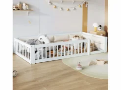 Merax Cama infantil con plataforma - 90 x 200 cm - con barandilla - con somier de láminas - madera + MDF -