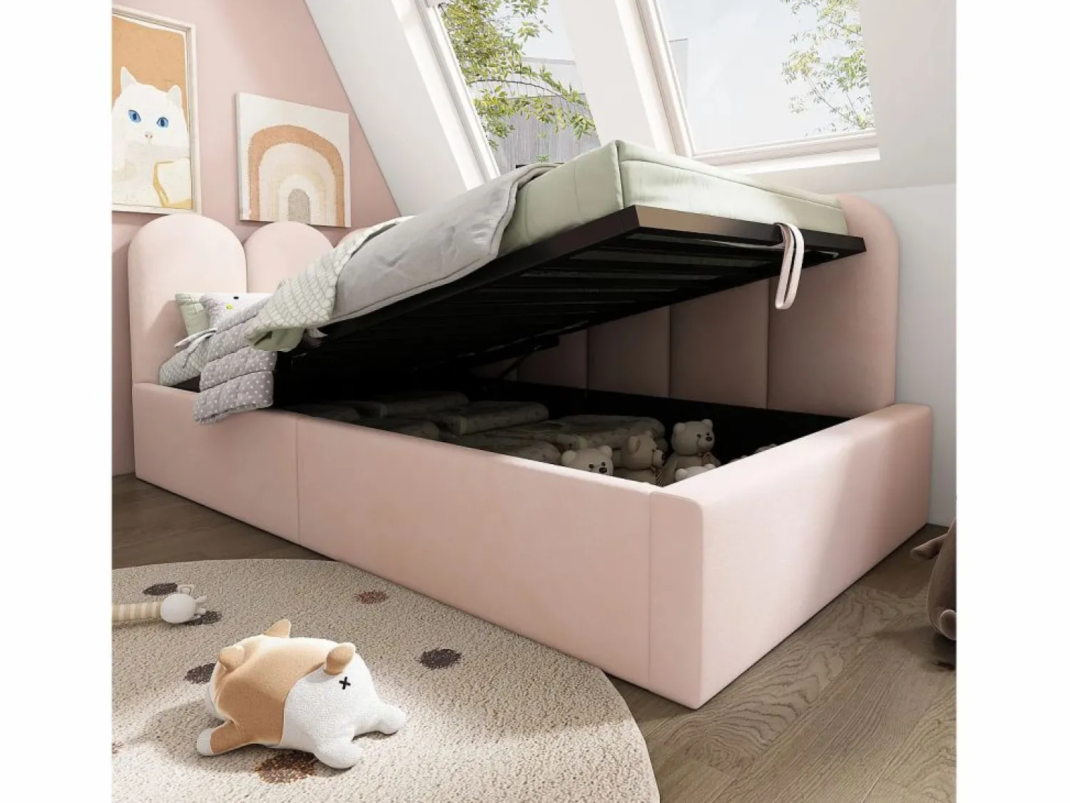 Best Cama infantil con somier de láminas 90x190 cm - Cama juvenil con estructura metálica - Terciopelo (sin colchón) Rosa