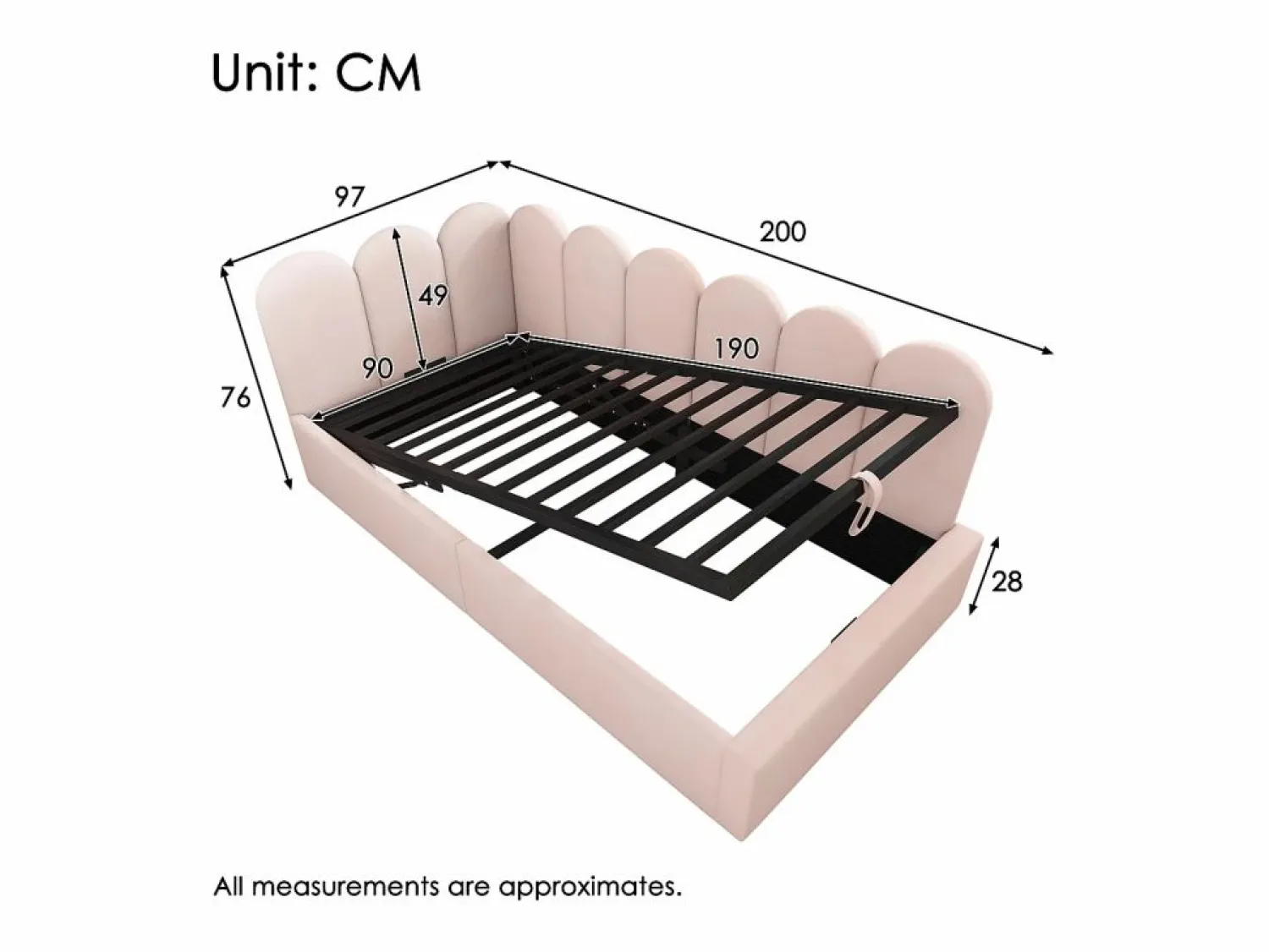 Best Cama infantil con somier de láminas 90x190 cm - Cama juvenil con estructura metálica - Terciopelo (sin colchón) Rosa