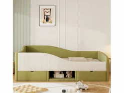 New Cama infantil de 90 x 190 cm con 2 cajones y somier de láminas de madera, de terciopelo oscuro (no incluye colchón). Verde