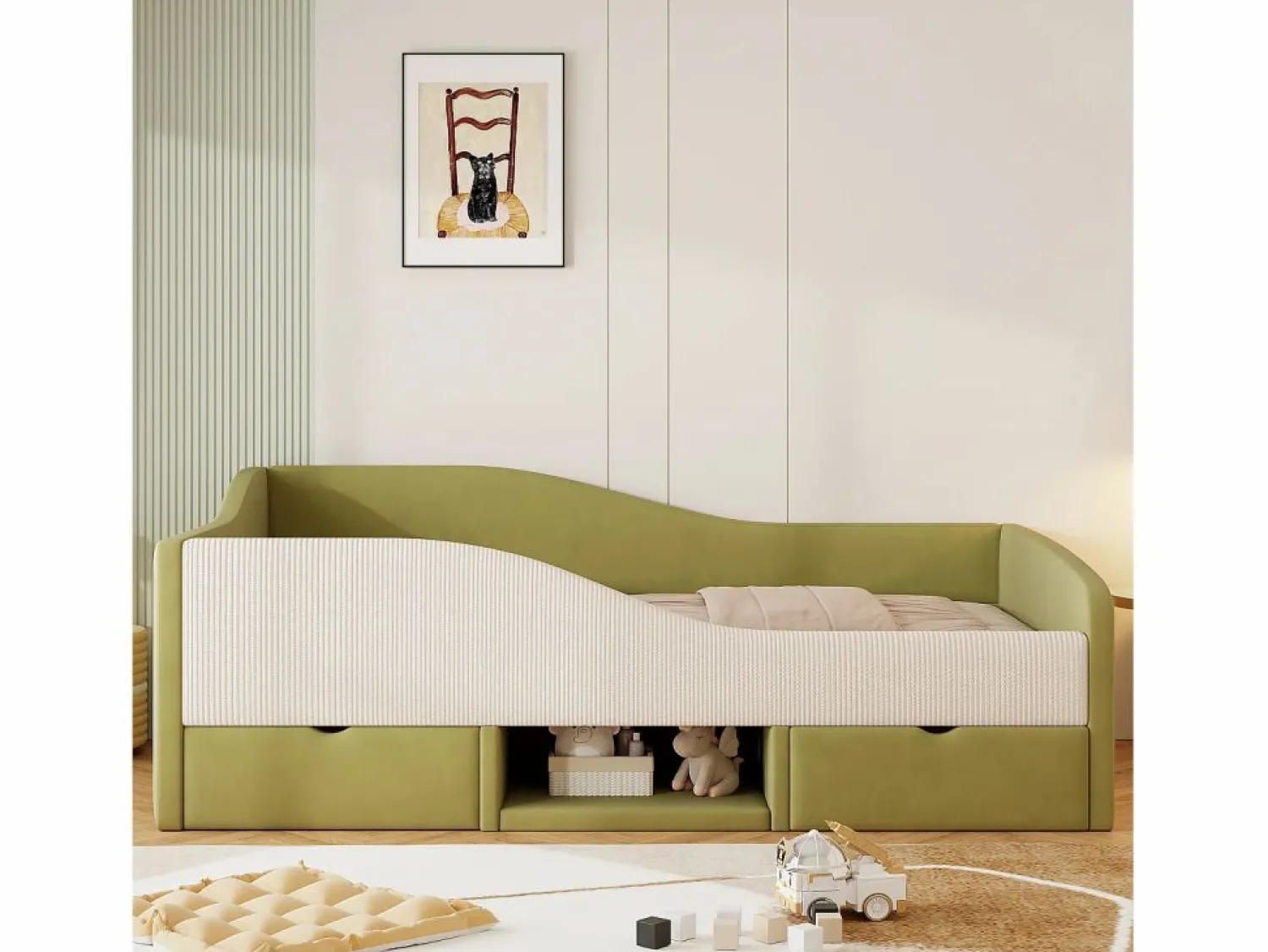 New Cama infantil de 90 x 190 cm con 2 cajones y somier de láminas de madera, de terciopelo oscuro (no incluye colchón). Verde