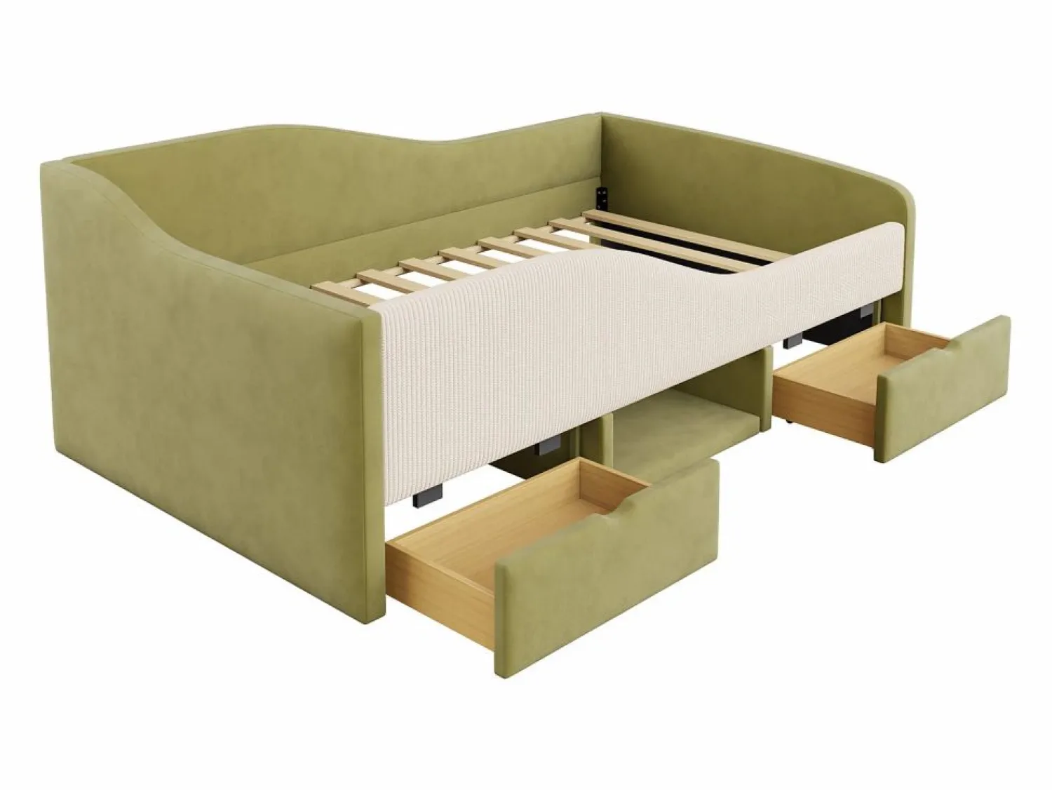 New Cama infantil de 90 x 190 cm con 2 cajones y somier de láminas de madera, de terciopelo oscuro (no incluye colchón). Verde