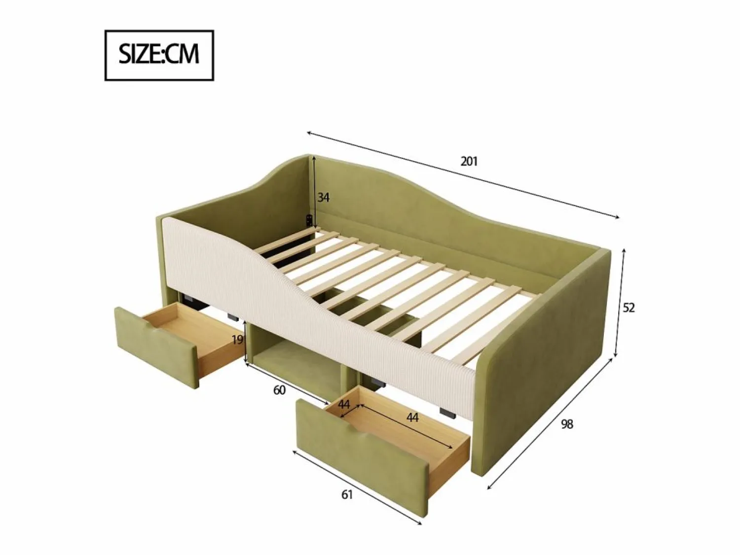 New Cama infantil de 90 x 190 cm con 2 cajones y somier de láminas de madera, de terciopelo oscuro (no incluye colchón). Verde