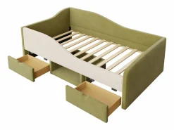 New Cama infantil de 90 x 190 cm con 2 cajones y somier de láminas de madera, de terciopelo oscuro (no incluye colchón). Verde
