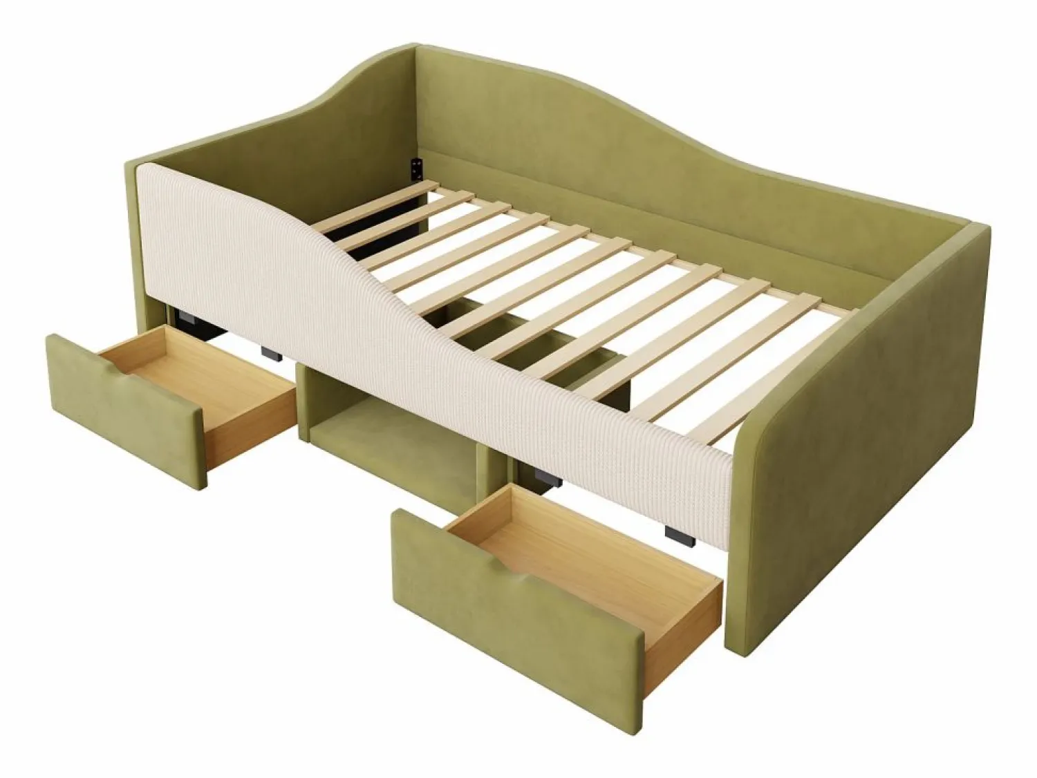 New Cama infantil de 90 x 190 cm con 2 cajones y somier de láminas de madera, de terciopelo oscuro (no incluye colchón). Verde