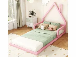New Merax Cama infantil de 90 x 200 cm, cuna con forma de casa, pino macizo, estilo sencillo, Rosa