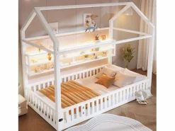 ModernLuxe Cama infantil de metal 90x200 cm - Motivo de casa - con barrera de seguridad - con luces LED - ​ (Colchón no incluido)