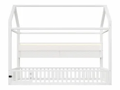 ModernLuxe Cama infantil de metal 90x200 cm - Motivo de casa - con barrera de seguridad - con luces LED - ​ (Colchón no incluido)