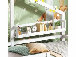 Cama infantil de 90x200 cm con somier de láminas, protección anticaídas y estantería, madera, color (sin colchón)