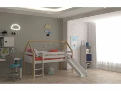 New Cama infantil estilo casita con Tobogán y Escalera - Para colchón de 90 - ( y Madera) - Buyqualia Blanco