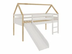 New Cama infantil estilo casita con Tobogán y Escalera - Para colchón de 90 - ( y Madera) - Buyqualia Blanco