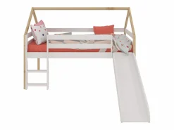 New Cama infantil estilo casita con Tobogán y Escalera - Para colchón de 90 - ( y Madera) - Buyqualia Blanco