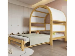 Hot Merax Cama infantil extensible con techo arqueado - 140 x 200 cm - pequeña estantería lateral - pino y MDF - y natural Blanco