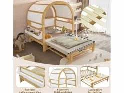 Hot Merax Cama infantil extensible con techo arqueado - 140 x 200 cm - pequeña estantería lateral - pino y MDF - y natural Blanco