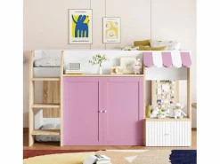 ModernLuxe Cama infantil 90x200 cm - 4 puertas - Con escalera - ​​Blanco + Rosa​​ (colchón no incluido)