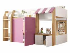 ModernLuxe Cama infantil 90x200 cm - 4 puertas - Con escalera - ​​Blanco + Rosa​​ (colchón no incluido)