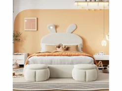 Outlet Cama infantil 140x200 cm acolchada de terciopelo - oreja de conejo con LED regulable - con 2 taburetes con almacenaje - Cama Terciopelo
