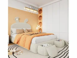 Outlet Cama infantil 140x200 cm acolchada de terciopelo - oreja de conejo con LED regulable - con 2 taburetes con almacenaje - Cama Terciopelo