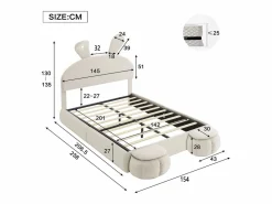 Outlet Cama infantil 140x200 cm acolchada de terciopelo - oreja de conejo con LED regulable - con 2 taburetes con almacenaje - Cama Terciopelo