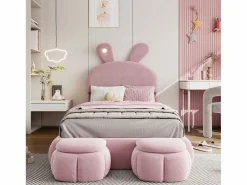 ModernLuxe Cama infantil 90x200 cm acolchada de terciopelo - oreja de conejo con LED regulable - con 2 taburetes con almacenaje -