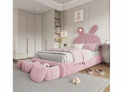 ModernLuxe Cama infantil 90x200 cm acolchada de terciopelo - oreja de conejo con LED regulable - con 2 taburetes con almacenaje -