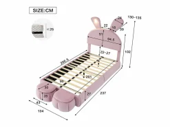 ModernLuxe Cama infantil 90x200 cm acolchada de terciopelo - oreja de conejo con LED regulable - con 2 taburetes con almacenaje -