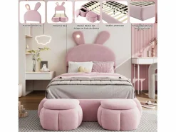 ModernLuxe Cama infantil 90x200 cm acolchada de terciopelo - oreja de conejo con LED regulable - con 2 taburetes con almacenaje -