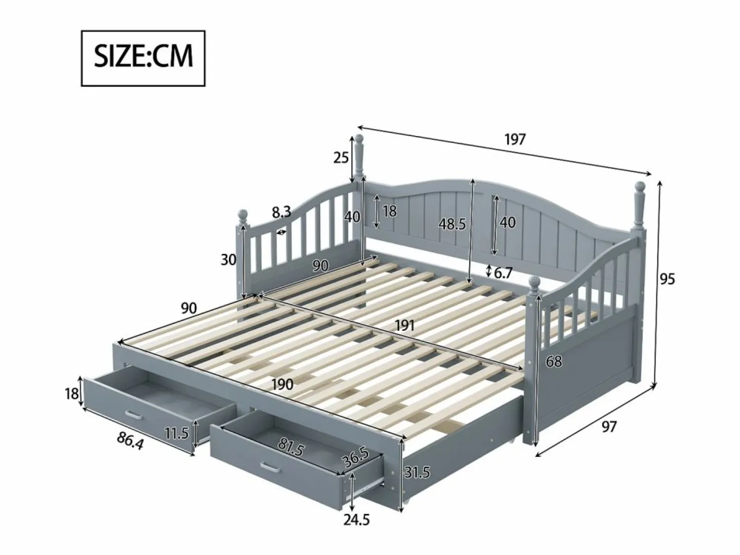 Hauss Spole Cama infantil 90/180x190 cm, cama nido con 2 cajones, pino, cama multifuncional,
