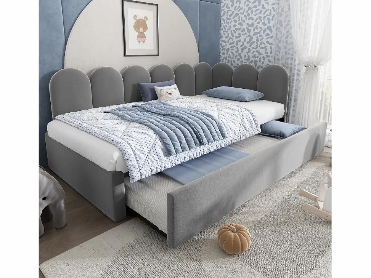 Hauss Spole Cama infantil 90x200 cm con cama nido 90x190 cm, tapizado en terciopelo , sin colchón
