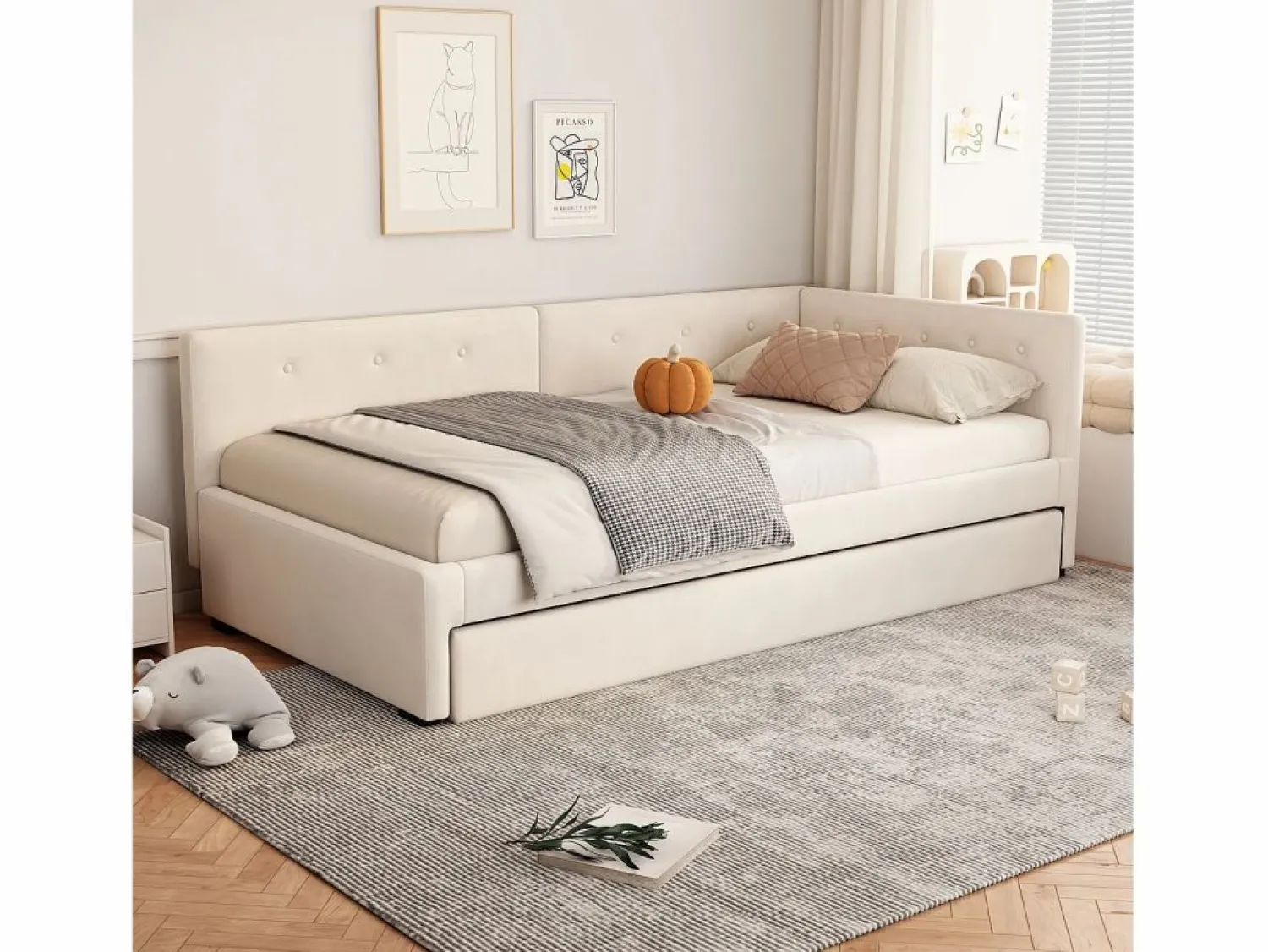 Outlet Hauss Spole Cama infantil 90x200 cm con litera de 90x190 cm en terciopelo, sommier de tablas y sin colchón, Beige