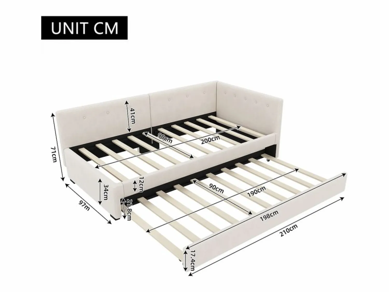 Outlet Hauss Spole Cama infantil 90x200 cm con litera de 90x190 cm en terciopelo, sommier de tablas y sin colchón, Beige