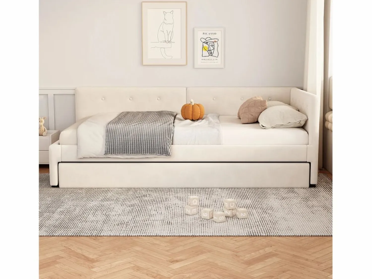 Outlet Hauss Spole Cama infantil 90x200 cm con litera de 90x190 cm en terciopelo, sommier de tablas y sin colchón, Beige