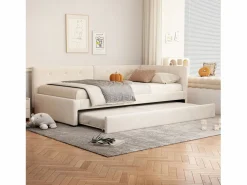 Outlet Hauss Spole Cama infantil 90x200 cm con litera de 90x190 cm en terciopelo, sommier de tablas y sin colchón, Beige
