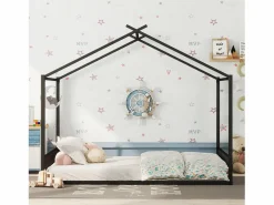 Clearance OKWISH Cama infantil 140x200 cm con somier de listones, estructura metálica, negra - sin colchón Negro