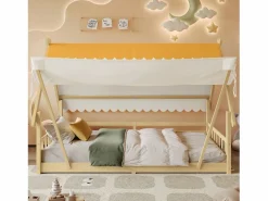 Cama infantil 90x200 cm con somier de láminas y dosel extraíble, color natural - sin colchón Cama Montessori