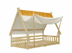 Cama infantil 90x200 cm con somier de láminas y dosel extraíble, color natural - sin colchón Cama Montessori