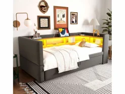Hot Hauss Spole Cama infantil 90/180x190 cm en franela, cama nido tipo sofá con LED y USB, sin colchón Gris