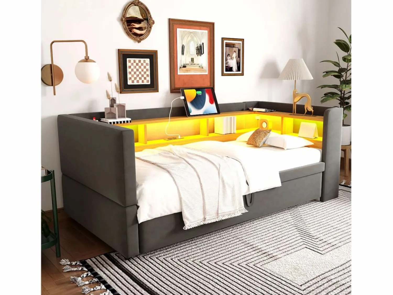 Hot Hauss Spole Cama infantil 90/180x190 cm en franela, cama nido tipo sofá con LED y USB, sin colchón Gris