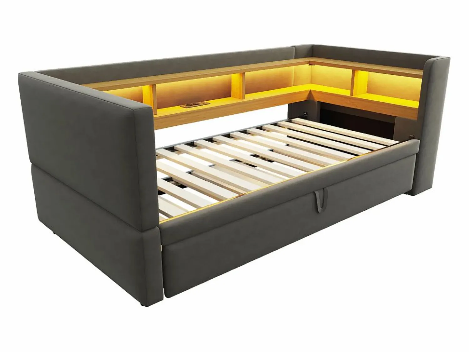 Hot Hauss Spole Cama infantil 90/180x190 cm en franela, cama nido tipo sofá con LED y USB, sin colchón Gris