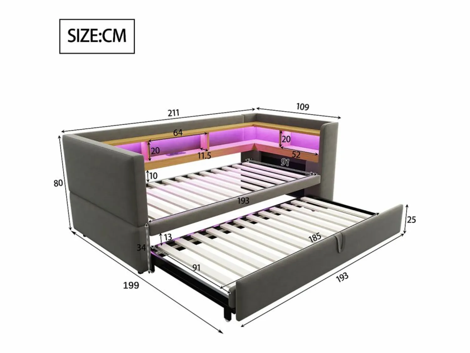 Hot Hauss Spole Cama infantil 90/180x190 cm en franela, cama nido tipo sofá con LED y USB, sin colchón Gris