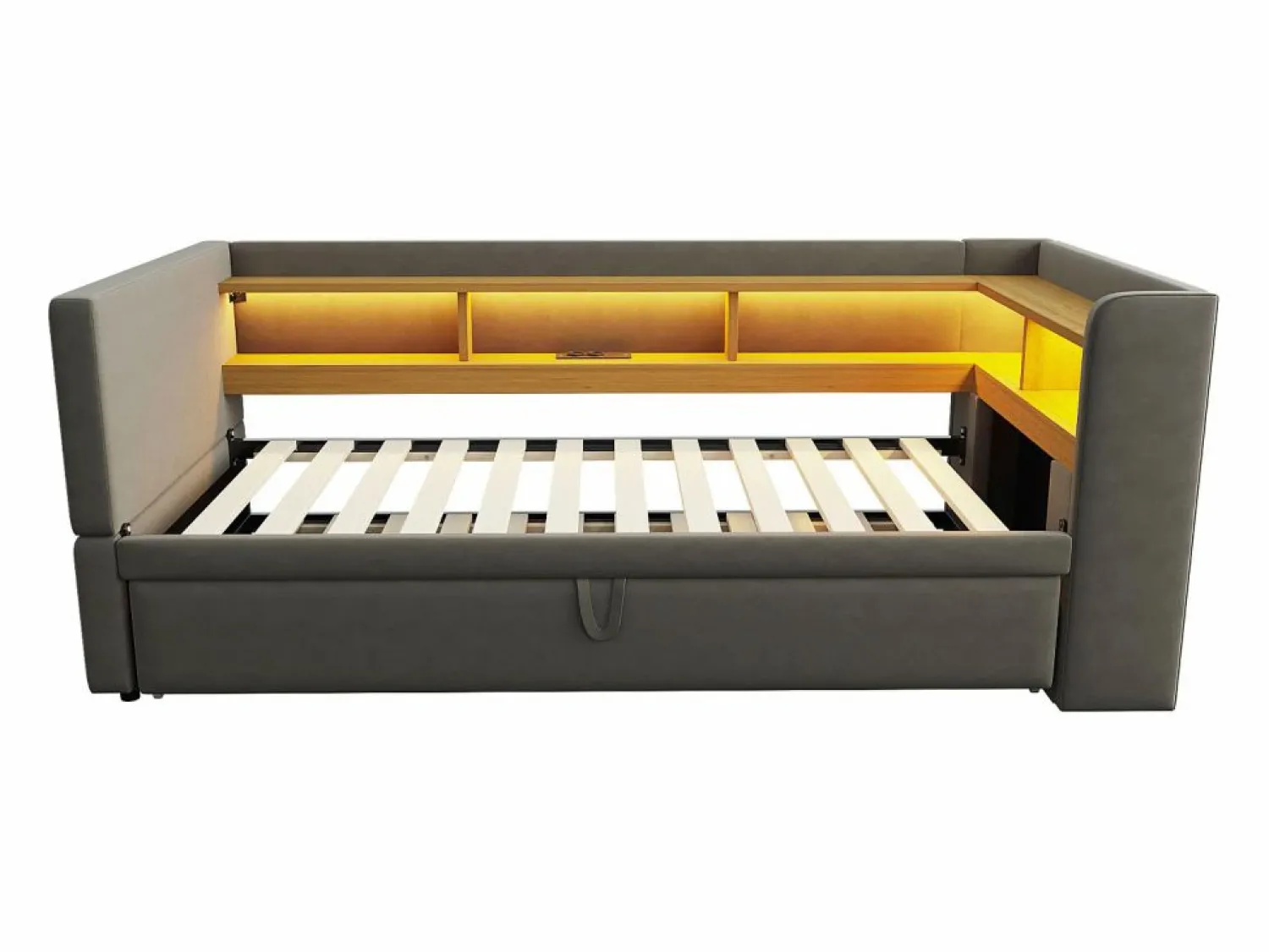 Hot Hauss Spole Cama infantil 90/180x190 cm en franela, cama nido tipo sofá con LED y USB, sin colchón Gris