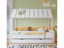 Hot Cama infantil 120x200cm cama casa estilo juego función nido madera para habitación infantil (Sin colchón) Blanco