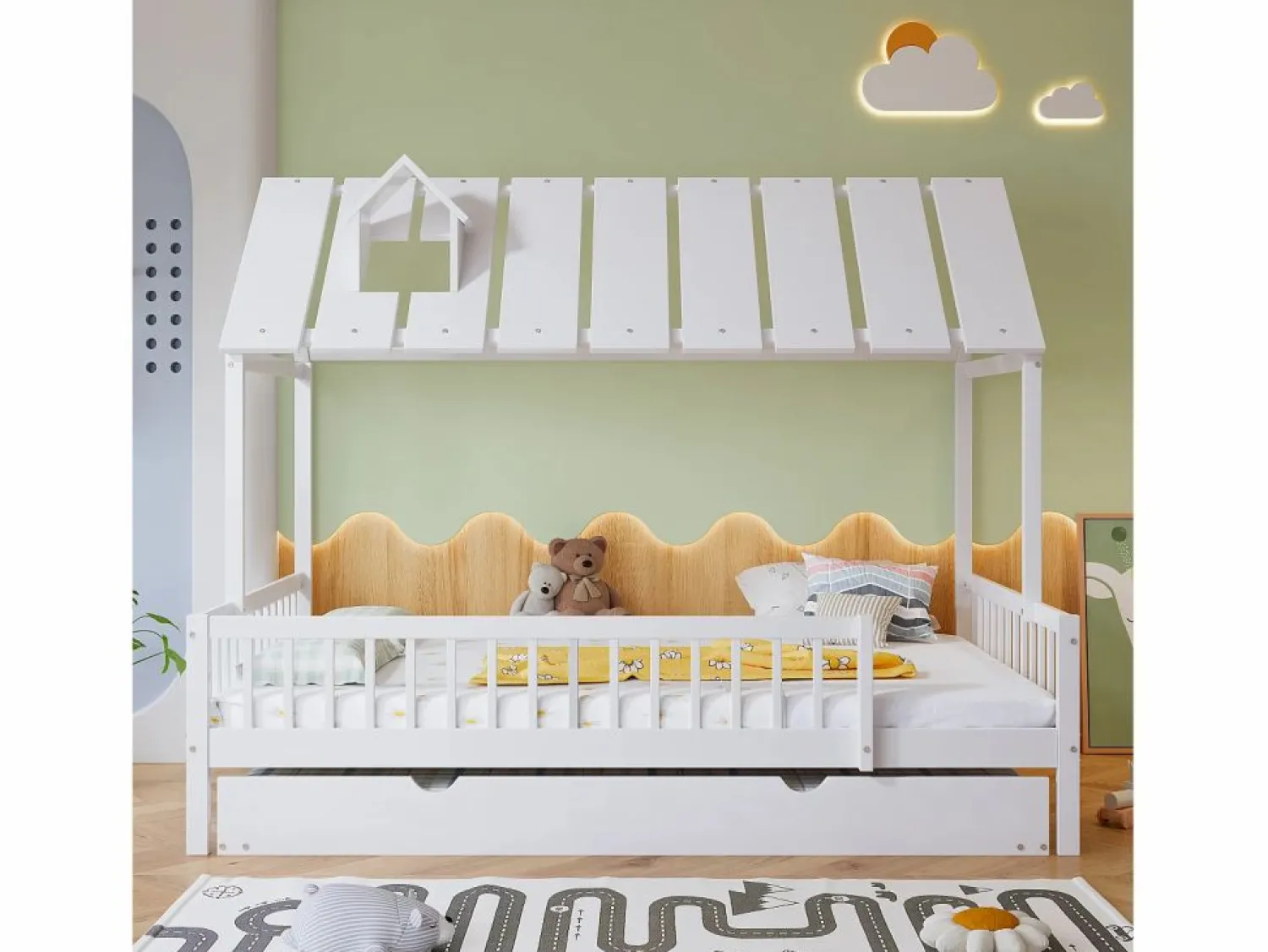 Hot Cama infantil 120x200cm cama casa estilo juego función nido madera para habitación infantil (Sin colchón) Blanco