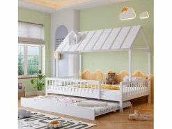 Hot Cama infantil 120x200cm cama casa estilo juego función nido madera para habitación infantil (Sin colchón) Blanco