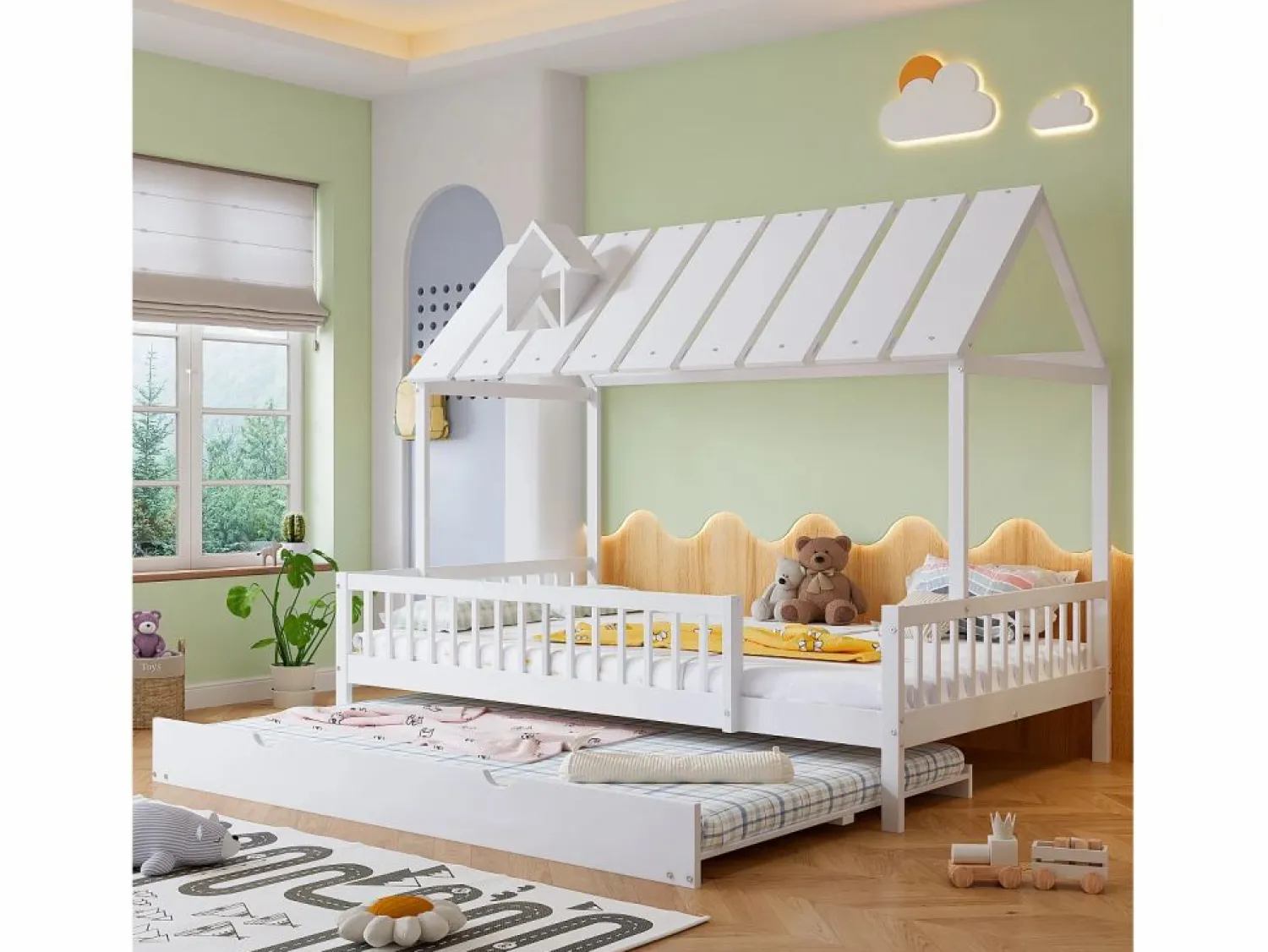 Hot Cama infantil 120x200cm cama casa estilo juego función nido madera para habitación infantil (Sin colchón) Blanco