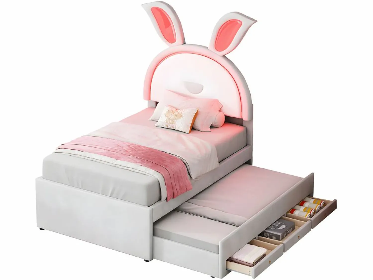 Clearance ModernLuxe Cama infantil 90x200cm en terciopelo - cama nido con 3 cajones y luces LED de colores - Beige