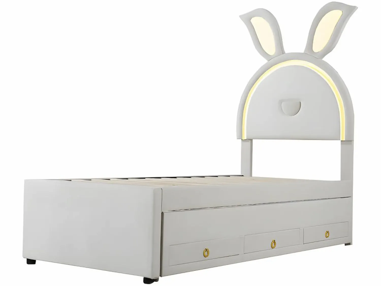 Clearance ModernLuxe Cama infantil 90x200cm en terciopelo - cama nido con 3 cajones y luces LED de colores - Beige