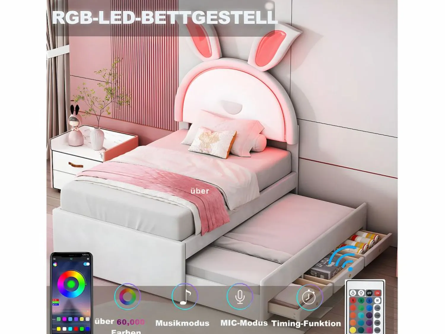 Clearance ModernLuxe Cama infantil 90x200cm en terciopelo - cama nido con 3 cajones y luces LED de colores - Beige
