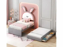 New Cama infantil 90x200cm en terciopelo - cama nido con 3 cajones y luces LED de colores - Cama Nido